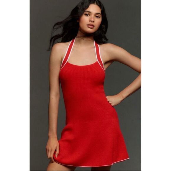 NEW Daily Practice x Anthropologie Red Full Speed Ribbed Halter Mini Dress Large - Picture 1 of 4